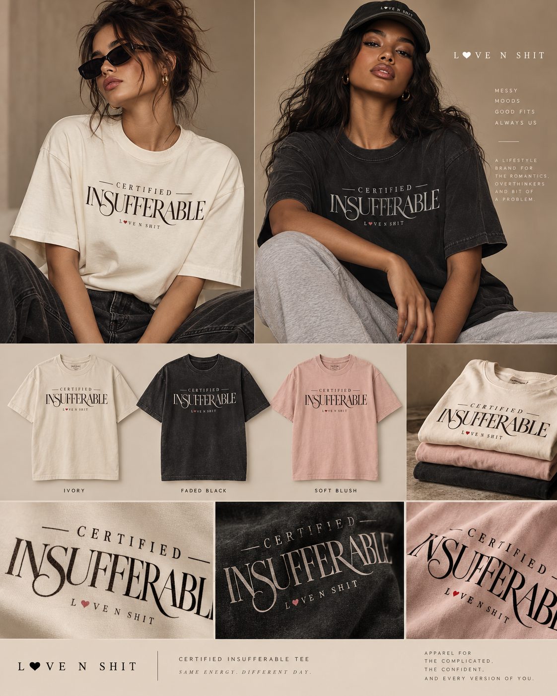 Certified Insufferable apparel campaign in ivory, faded black, and soft blush